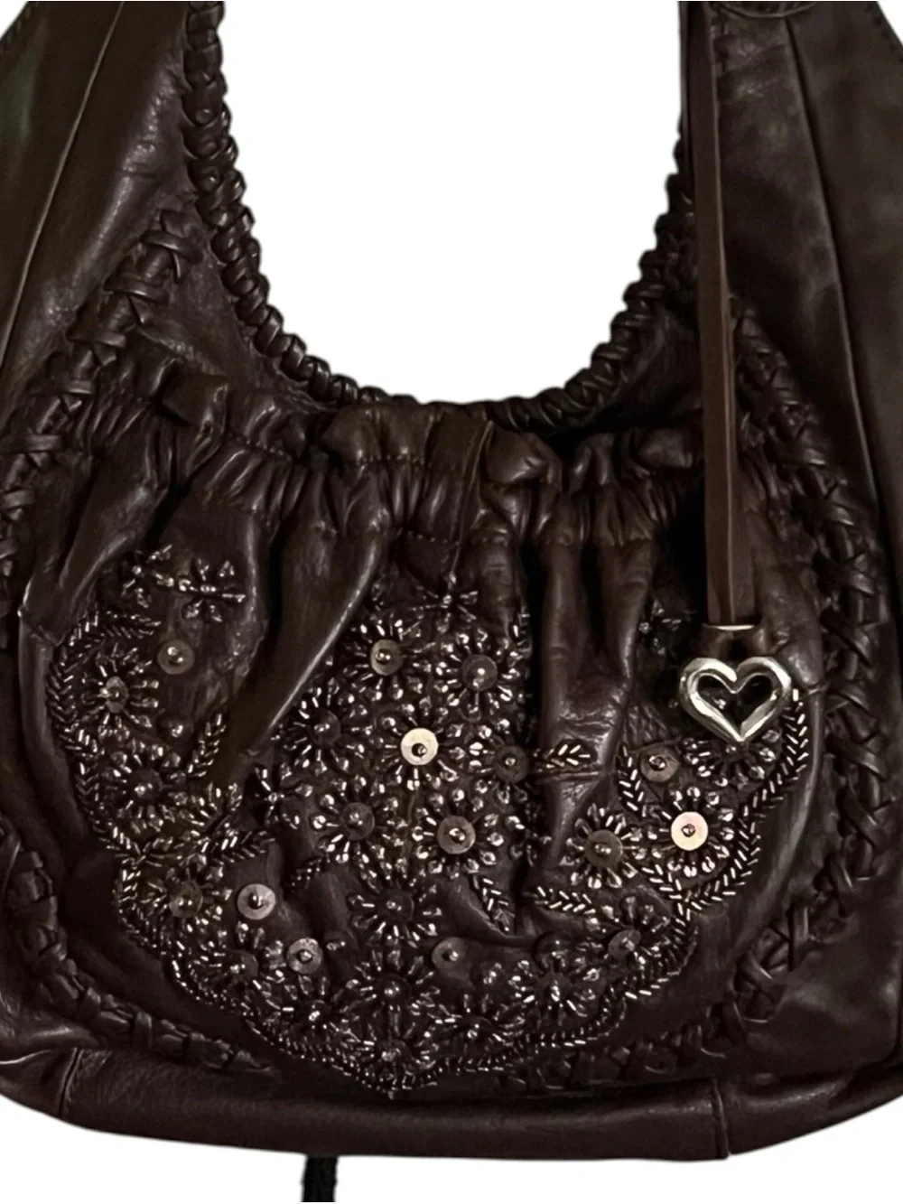 Brighton Leather Masterpiece Collection Hobo beaded & braided detail handbag